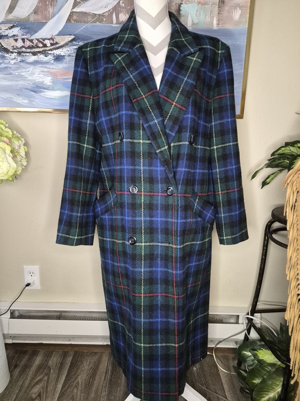 Pendleton Double-Breasted Plaid Pea Coat in Blue & Green with Red Accents